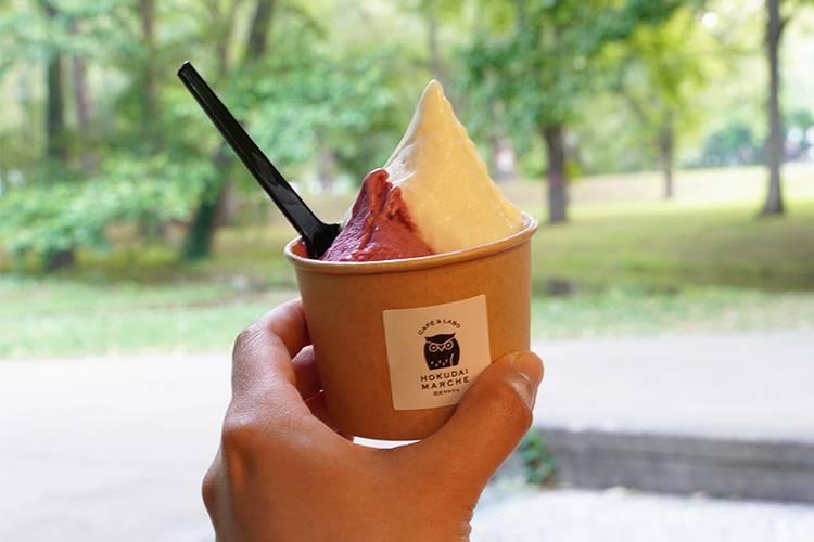 "Double Gelato (Haskap/Hokkaido University Milk)" is available for takeout. On sunny days or in seasons other than winter, we recommend enjoying nature on the terrace.