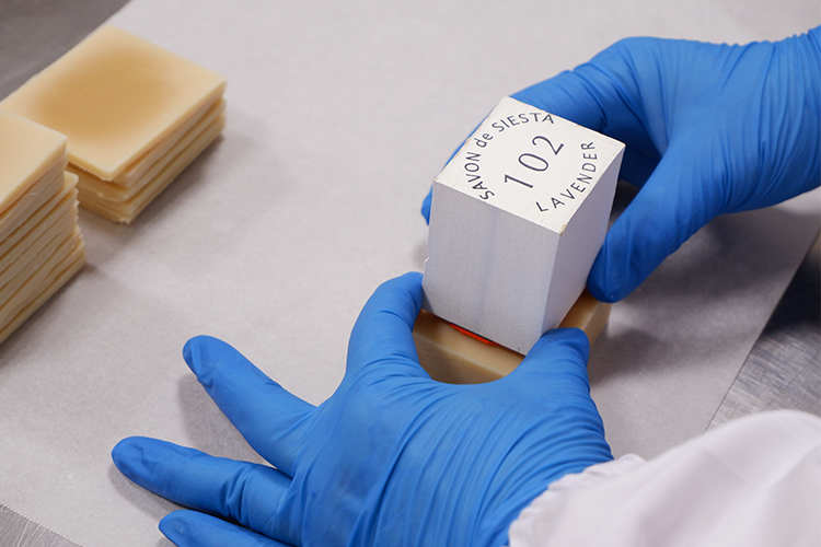 The finished soap is engraved according to its type. Each soap is given a name and has its own unique expression.