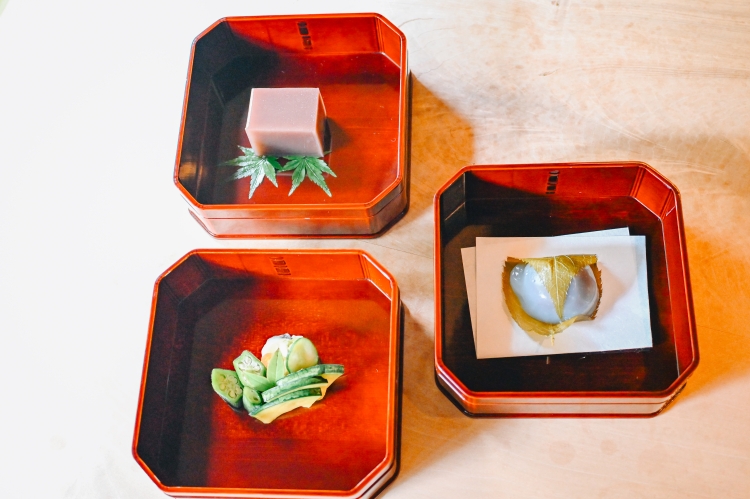 Clockwise from top left: two seasonal morning sweets made by Kyoto artisans, and additive-free pickles made with Kyoto vegetables
