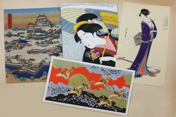 Postcards with traditional Japanese patterns from that time
