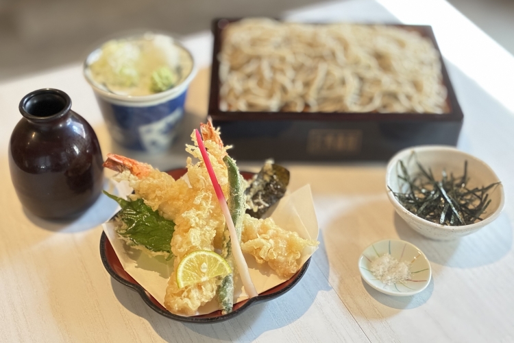 Tempura of shrimp, perilla leaf, seaweed, and green vegetables