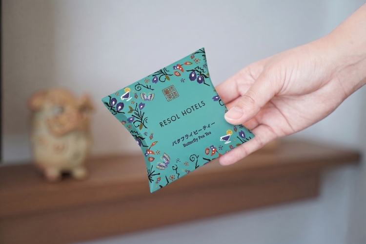 Butterfly pea tea bag included as a perk of the accommodation plan
